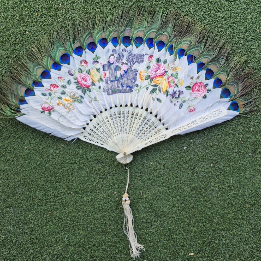 Antique Asian Floral Peacock Feather Hand Fan